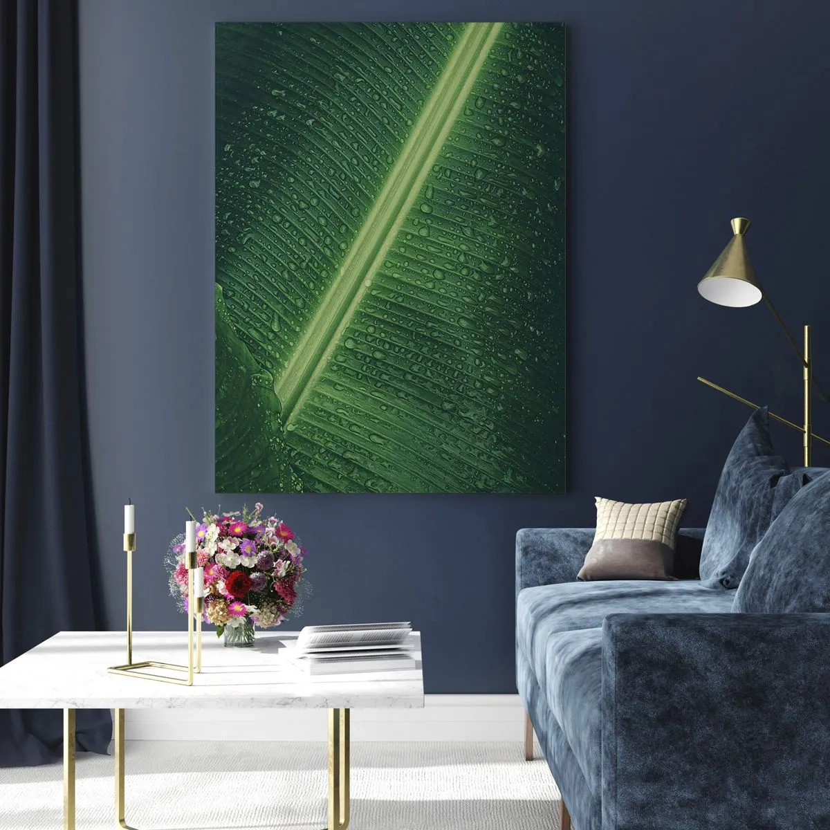Impression sur verre - Image sur verre - Gros plan d'une feuille verte avec des gouttes d'eau - 50x70cm - Structure de vert - Décoration murale moderne pour le salon et la chambre ARTTOR