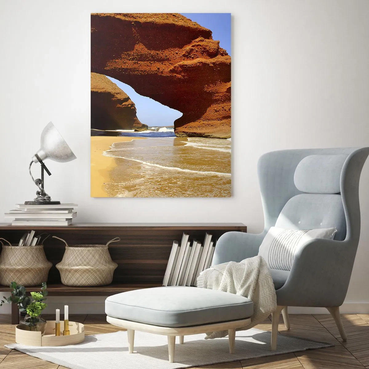 Impression sur verre - Image sur verre - Une arche rocheuse naturelle sur une plage avec un ciel bleu et des vagues - 70x100cm - L'eau et le vent depuis des milliers d'années - Décoration murale moderne pour le salon et la chambre ARTTOR