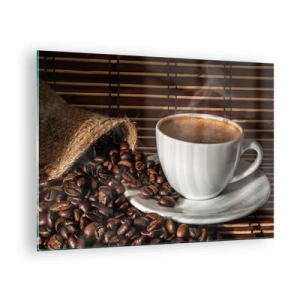 Impression sur verre - Image sur verre - Une tasse de café avec des grains sur un fond rustique - 70x50cm - La noirceur du charbon, la clarté de l'ambre - Décoration murale moderne pour le salon et la chambre ARTTOR