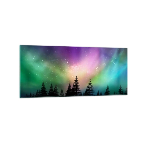 Impression sur verre - Image sur verre - Aurore boréale au-dessus d'une forêt avec un ciel étoilé - 120x50cm - Magie blanche - Décoration murale moderne pour le salon et la chambre ARTTOR