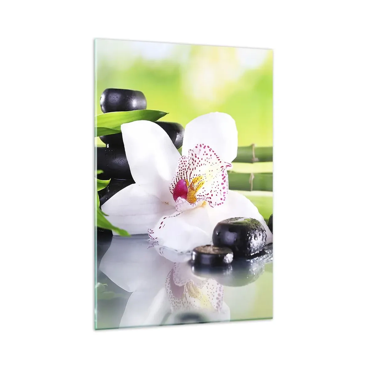 Impression sur verre - Image sur verre - Orchidée, pierres et bambou dans une composition spa harmonieuse - 80x120cm - Raffraîchissement de fraîcheur - Décoration murale moderne pour le salon et la chambre ARTTOR