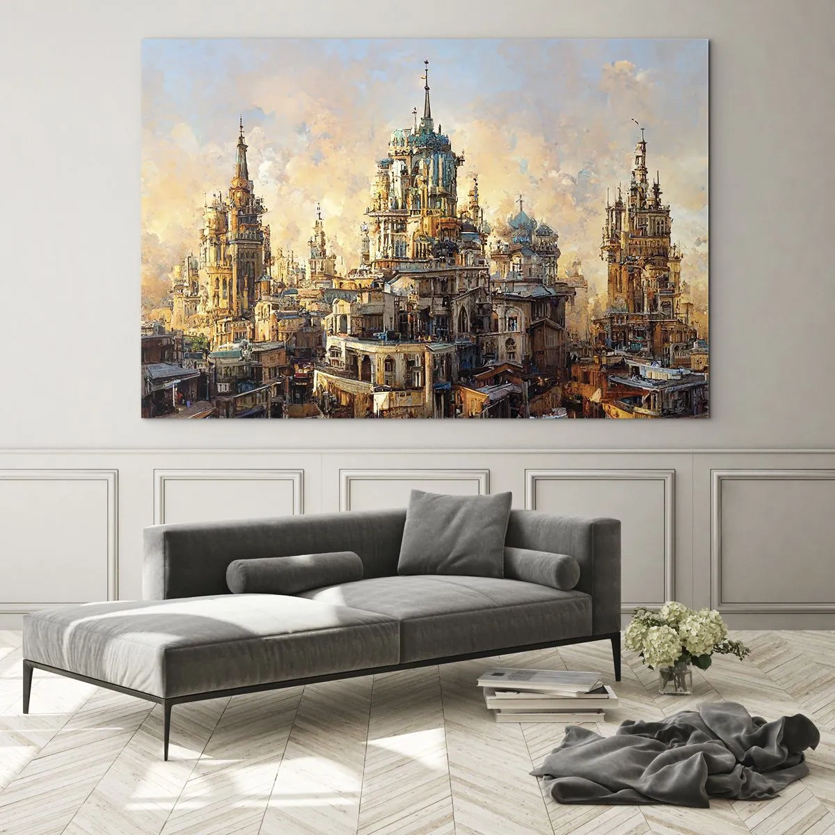 Impression sur verre - Image sur verre - Un panorama fantastique de la ville avec des tours et des palais - 120x80cm - Ville des villes - Décoration murale moderne pour le salon et la chambre ARTTOR