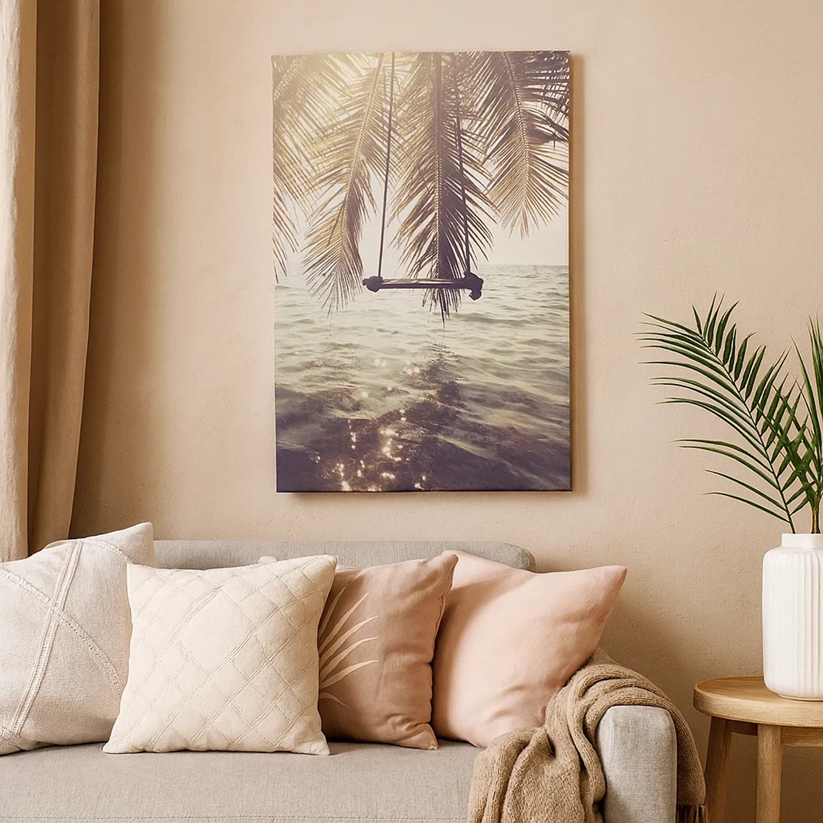 Impression sur toile - Image sur toile - Palmier avec une balançoire au-dessus de l'eau au soleil - 50x70cm - Vous pouvez vous balancer dans les nuages