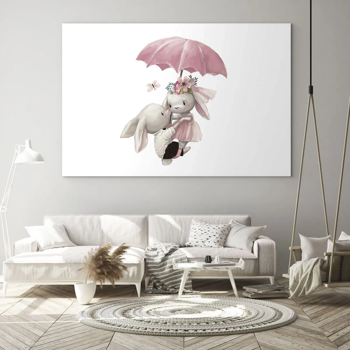 Impression sur verre - Image sur verre - Deux lapins sous un parapluie rose dans une scène romantique - 120x80cm - C'est ça l'amour - Décoration murale moderne pour le salon et la chambre ARTTOR