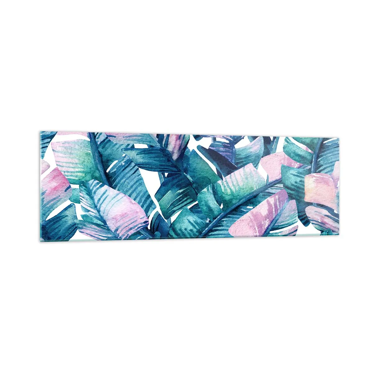 Impression sur verre - Image sur verre - Feuilles de bananier dans les tons bleu et rose - 160x50cm - Dans une bananeraie - Décoration murale moderne pour le salon et la chambre ARTTOR