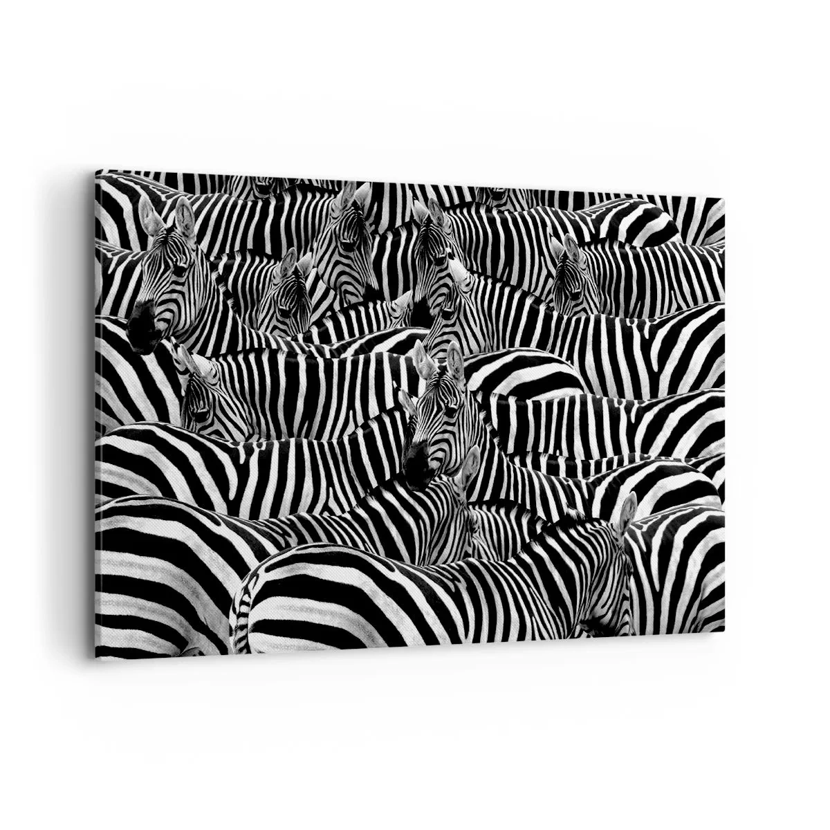 Impression sur toile - Image sur toile - Un groupe de zèbres avec des rayures noires et blanches créant un motif de symétrie. - 120x80cm - Portrait collectif à rayures - Décoration murale moderne pour le salon et la chambre ARTTOR