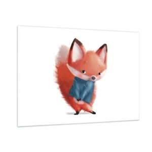 Impression sur verre - Image sur verre - Un renard mignon dans un pull bleu sur fond blanc - 100x70cm - Est-ce que ça me va? - Décoration murale moderne pour le salon et la chambre ARTTOR