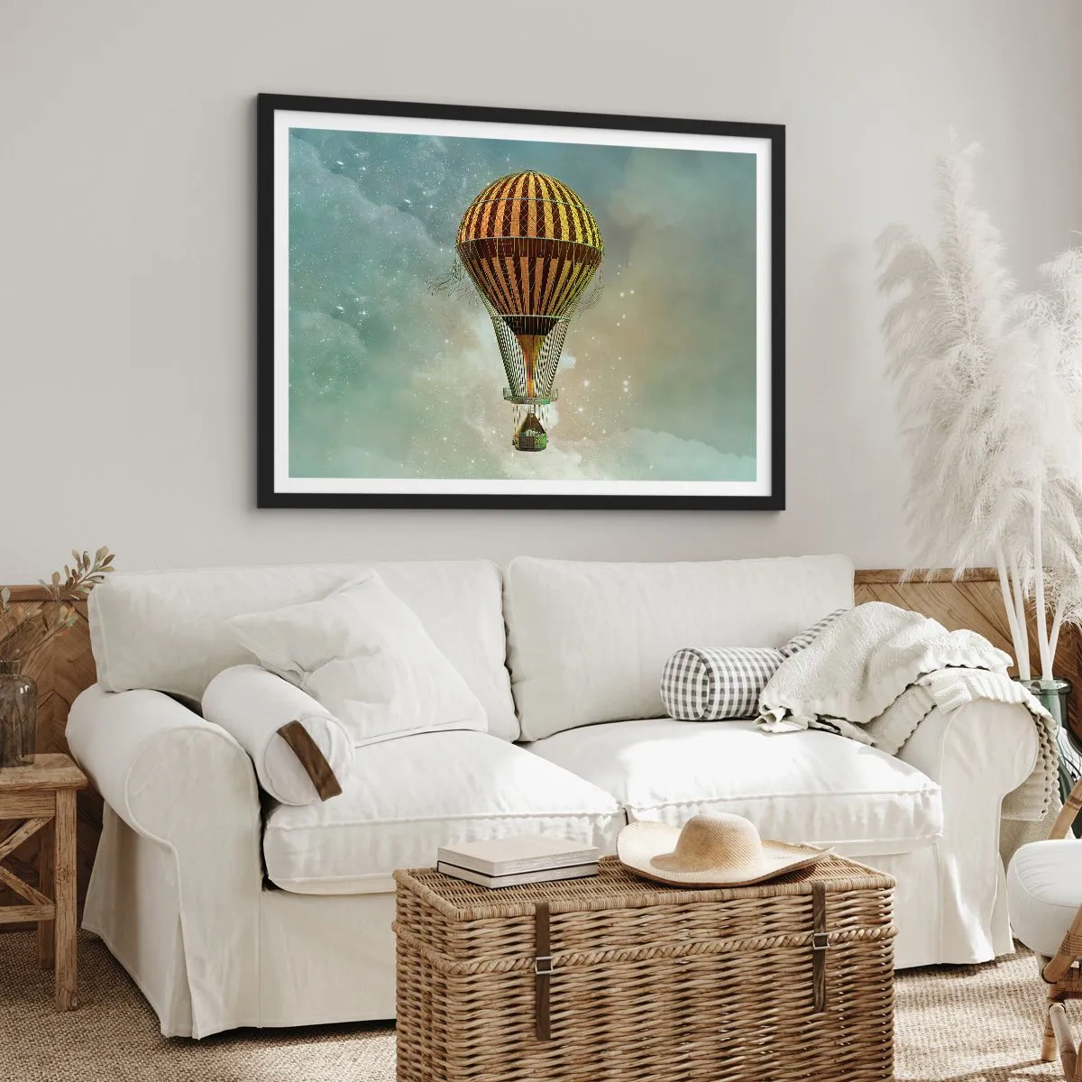 Affiche dans un cadre noir - Poster - Une montgolfière flottant parmi les nuages - 70x50cm - Vols pionniers - Décoration murale moderne pour le salon et la chambre ARTTOR