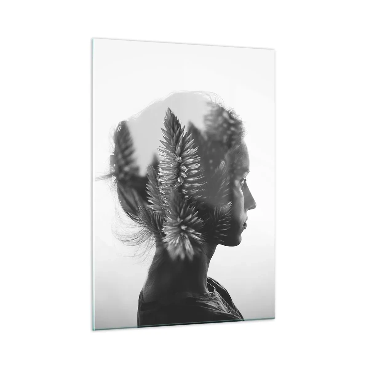 Impression sur verre - Image sur verre - Une femme en noir et blanc avec un motif de forêt de conifères superposé - 50x70cm - Dame de la pinède - Décoration murale moderne pour le salon et la chambre ARTTOR