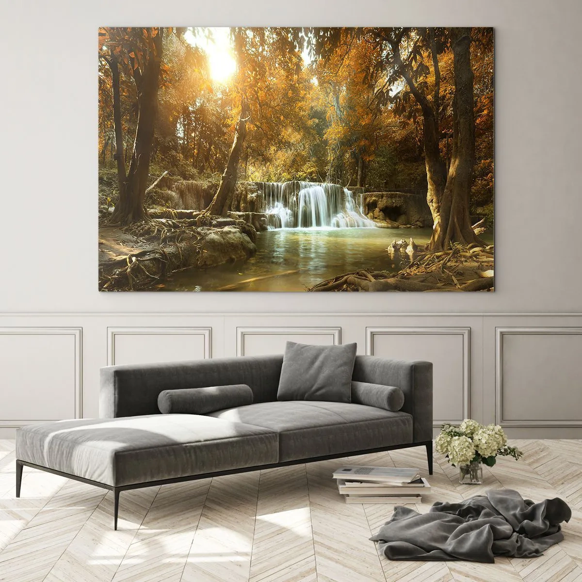 Impression sur verre - Image sur verre - Une cascade dans un parc entouré d'arbres aux couleurs d'automne - 100x70cm - Cascade du parc - Décoration murale moderne pour le salon et la chambre ARTTOR