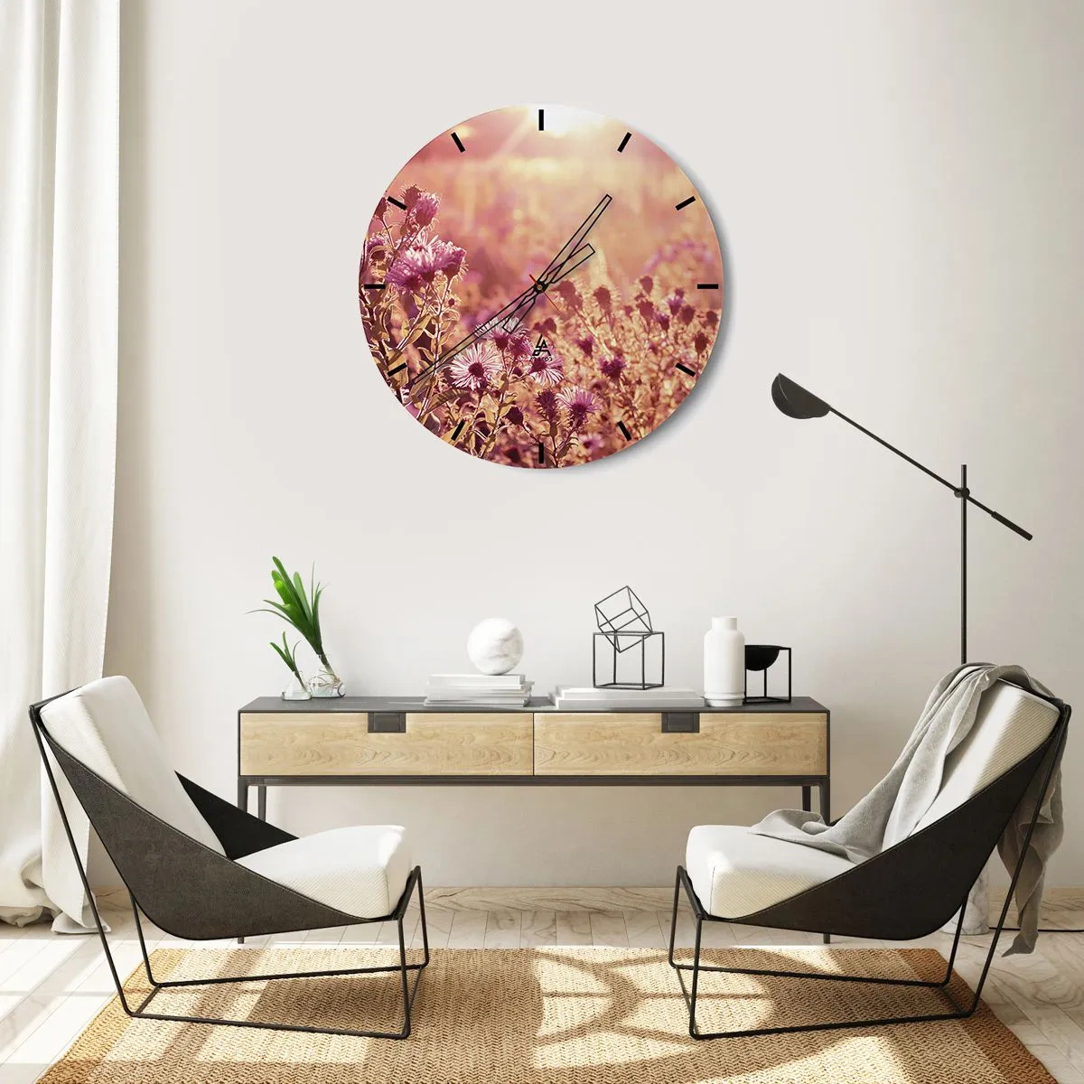 Horloge murale - Pendule murale - Fleurs violettes dans un champ au coucher du soleil dans une lumière chaude - 30x30cm - Avant que l'été ne parte - Décoration murale moderne pour le salon, la cuisine et la chambre ARTTOR
