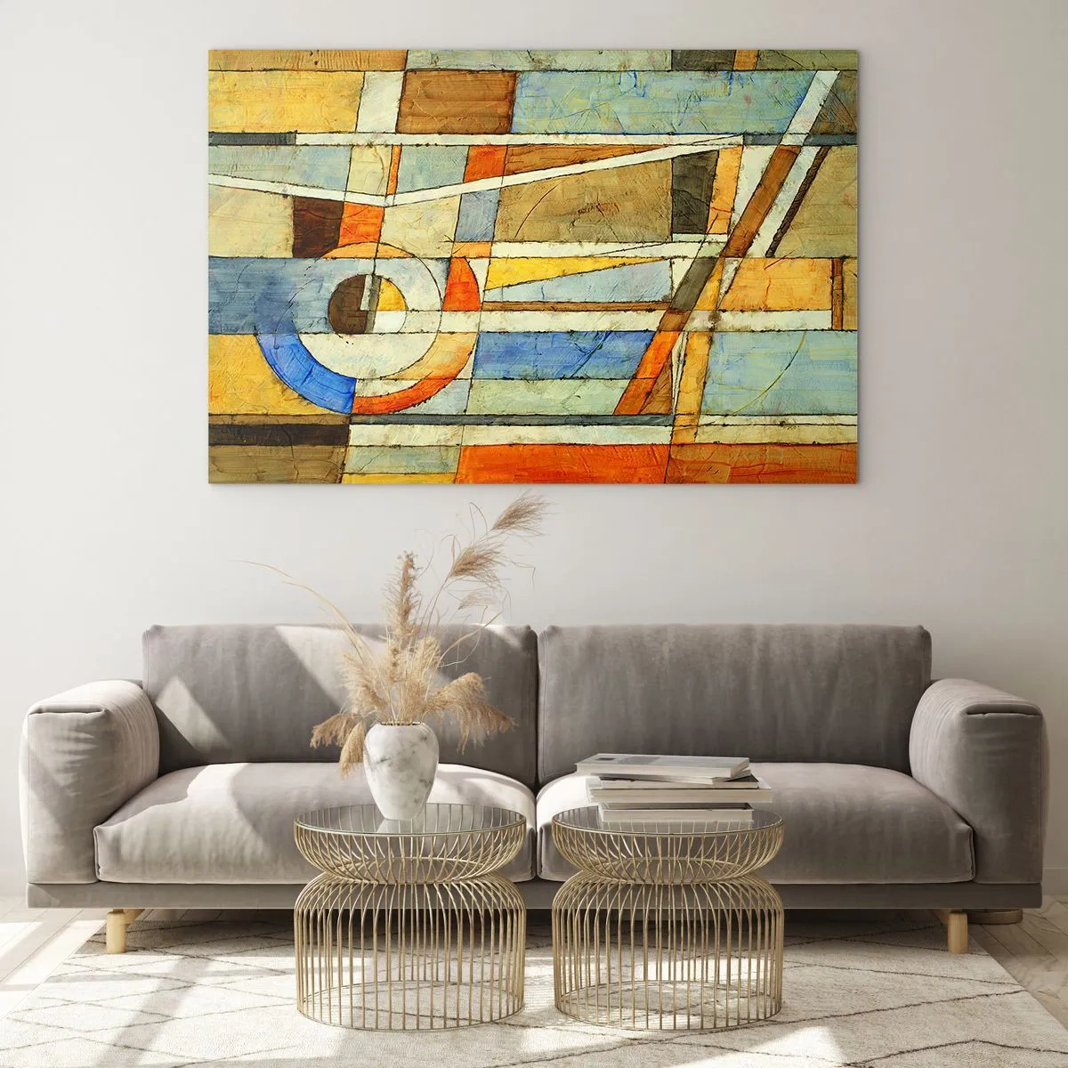 Impression sur verre - Image sur verre - Une composition abstraite aux motifs géométriques et aux couleurs chaudes. - 120x80cm - Cubisme sur le chantier - Décoration murale moderne pour le salon et la chambre ARTTOR