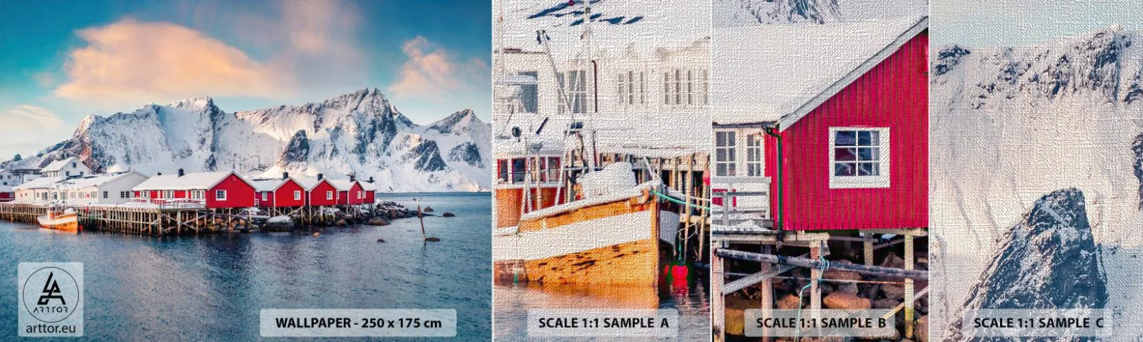 Échantillon de Papier Peint Premium Canvas - Retraite dans le nord - Paysage, Norvège, Îles Lofoten - 100x30 cm