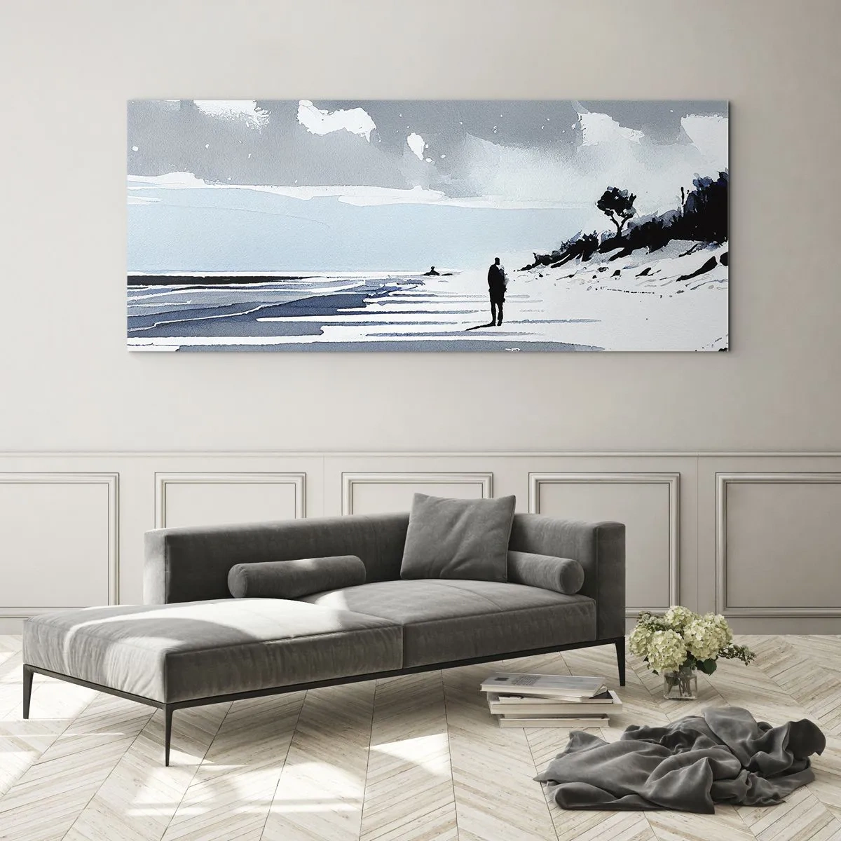 Impression sur verre - Image sur verre - Une silhouette solitaire marchant sur une plage déserte - 140x50cm - Seul à seul - Décoration murale moderne pour le salon et la chambre ARTTOR