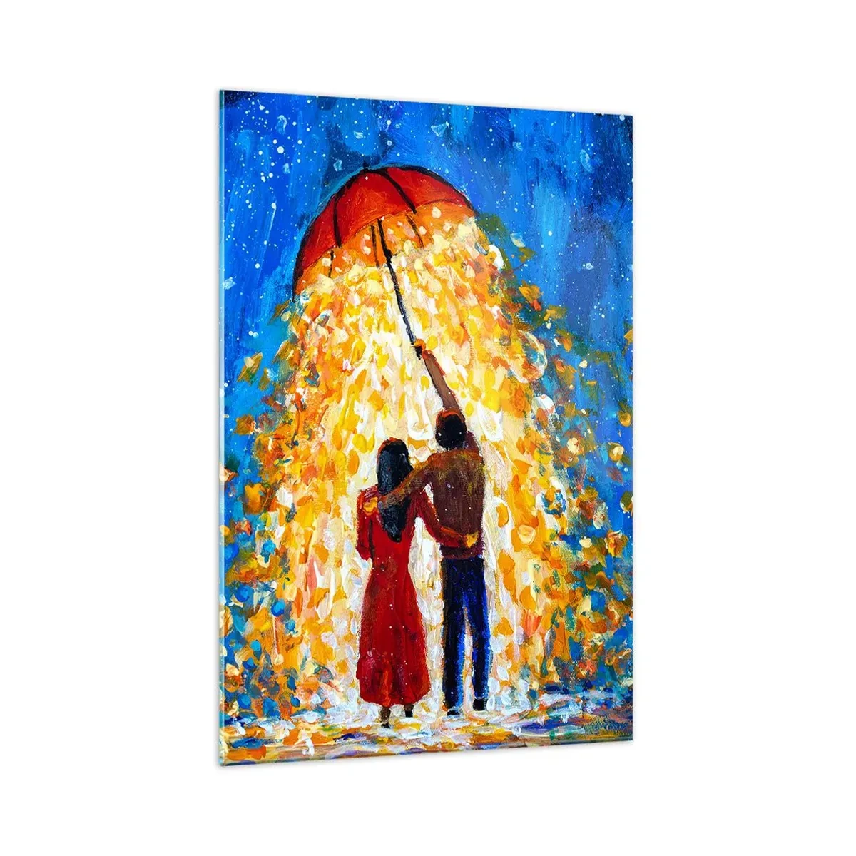 Impression sur verre - Image sur verre - Un couple sous un parapluie rouge sous la pluie lumineuse - 70x100cm - La magie d'une soirée pluvieuse ? - Décoration murale moderne pour le salon et la chambre ARTTOR