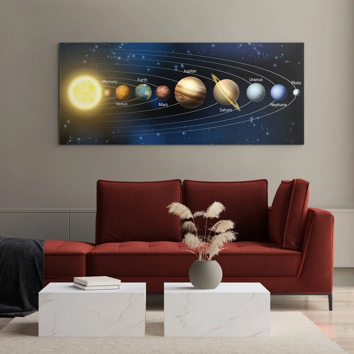 Impression sur verre - Image sur verre - Schéma du système solaire avec les planètes et le soleil - 140x50cm - L'une des dix - Décoration murale moderne pour le salon et la chambre ARTTOR