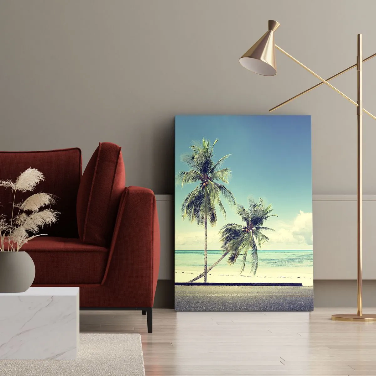 Impression sur toile - Image sur toile - Une camionnette rose avec une planche de surf sur une plage tropicale. - 70x100cm - Il est temps de commencer les vacances - Décoration murale moderne pour le salon et la chambre ARTTOR