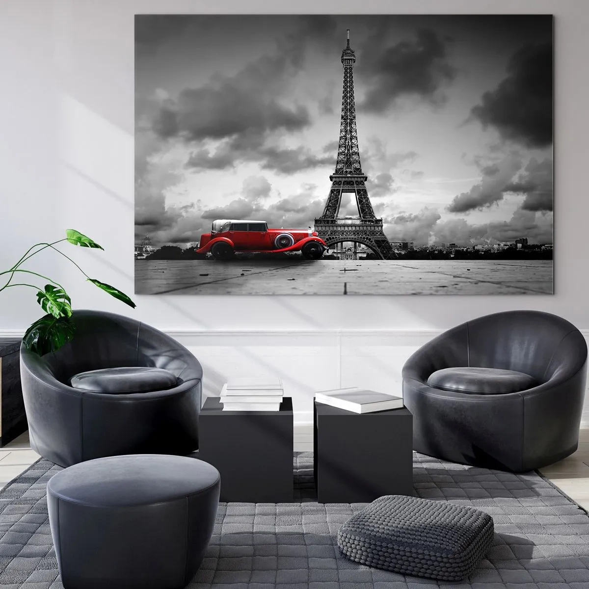 Impression sur verre - Image sur verre - Une voiture rétro rouge avec la Tour Eiffel en arrière-plan dans un décor noir et blanc. - 70x50cm - Il n'y a pas si longtemps à Paris - Décoration murale moderne pour le salon et la chambre ARTTOR
