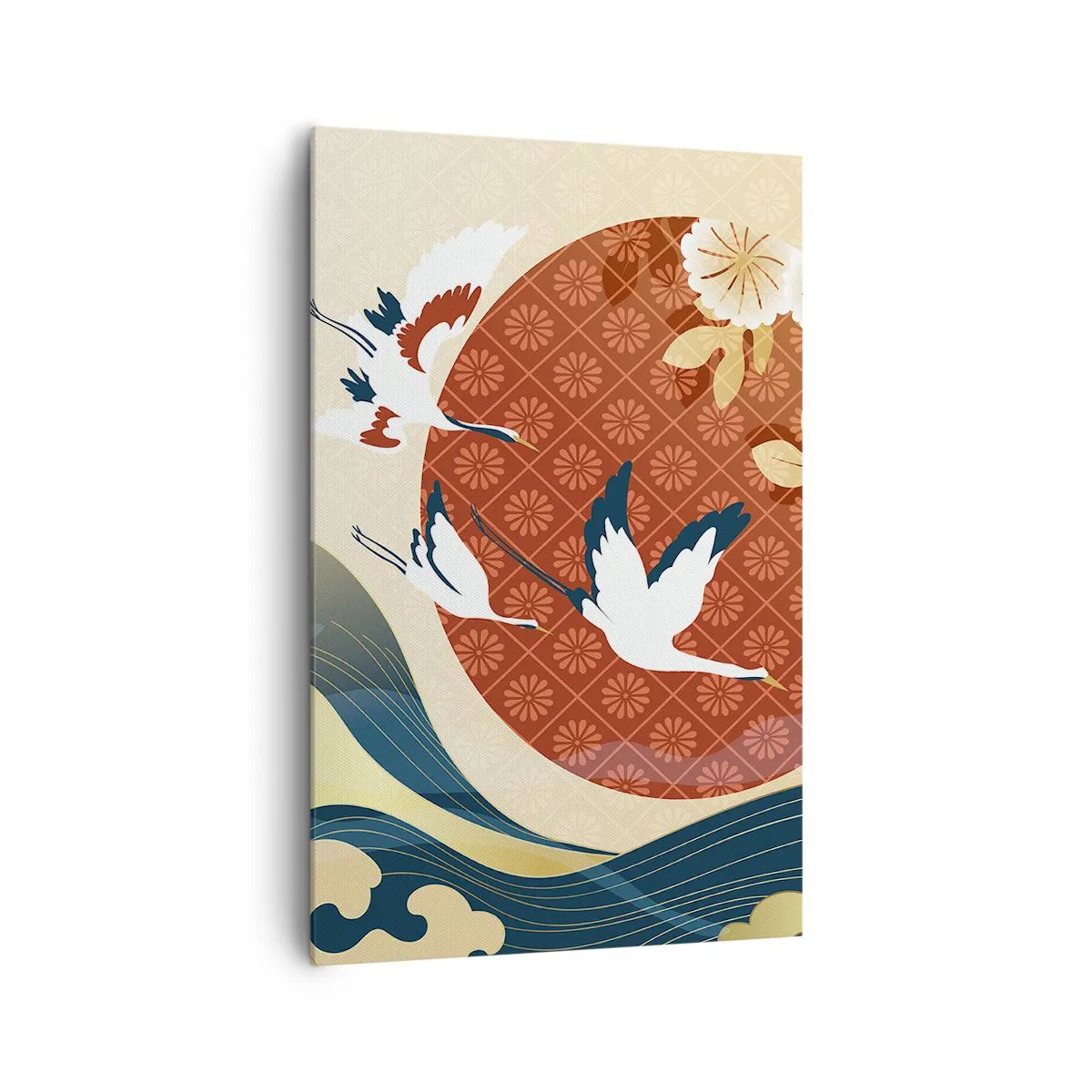 Impression sur toile - Image sur toile - Composition japonaise avec des grues et des vagues - 80x120cm - Conte japonnais - Décoration murale moderne pour le salon et la chambre ARTTOR