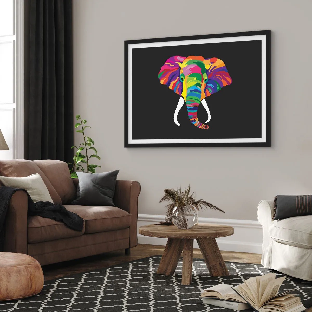 Affiche dans un cadre noir - Poster - Une image colorée d'un éléphant sur fond noir - 100x70cm - L'éléphant qui aimait se baigner dans un arc-en-ciel - Décoration murale moderne pour le salon et la chambre ARTTOR