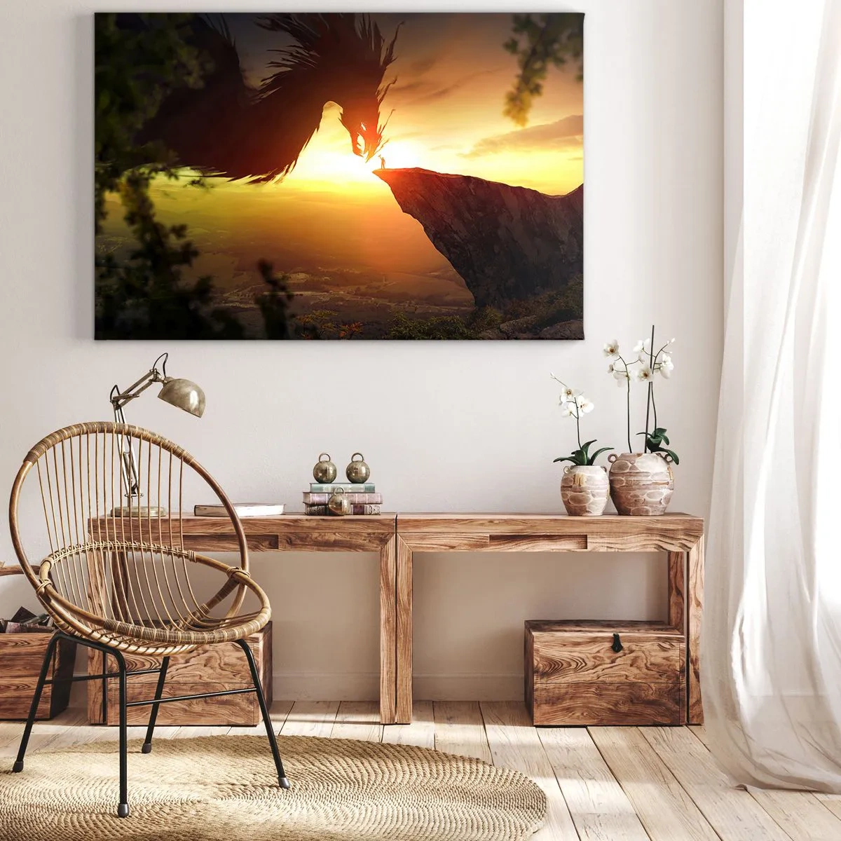 Impression sur toile - Image sur toile - Un dragon et un homme sur un rocher dans la lueur du soleil couchant - 100x70cm - Chasseur de dragon - Décoration murale moderne pour le salon et la chambre ARTTOR