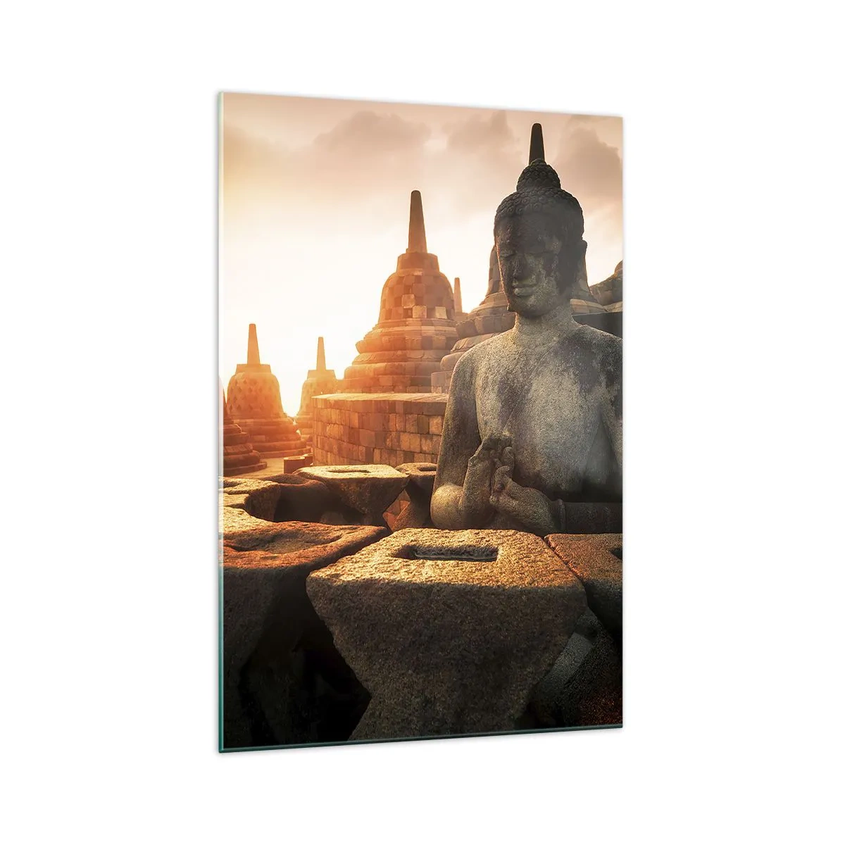 Impression sur verre - Image sur verre - Statue de Bouddha au temple de Borobudur au coucher du soleil - 70x100cm - Temps de grande sagesse - Décoration murale moderne pour le salon et la chambre ARTTOR