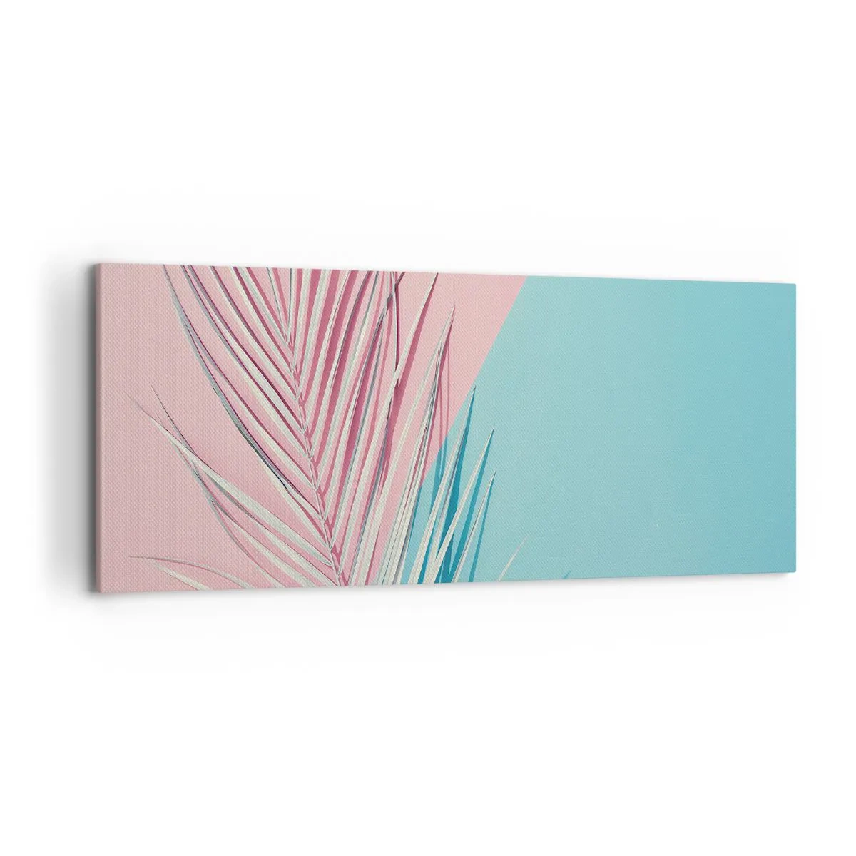 Impression sur toile - Image sur toile - Feuille tropicale sur un fond de tons pastel de rose et de bleu - 120x50cm - Impression tropicale - Décoration murale moderne pour le salon et la chambre ARTTOR