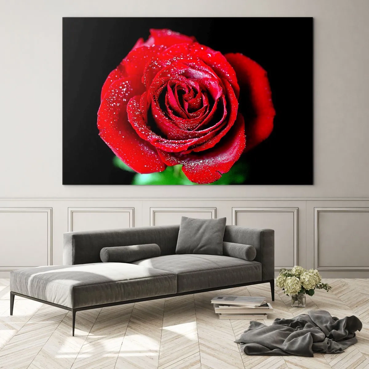 Impression sur verre - Image sur verre - Une rose rouge couverte de gouttes de rosée sur un fond sombre - 120x80cm - C'est ça l'amour - Décoration murale moderne pour le salon et la chambre ARTTOR