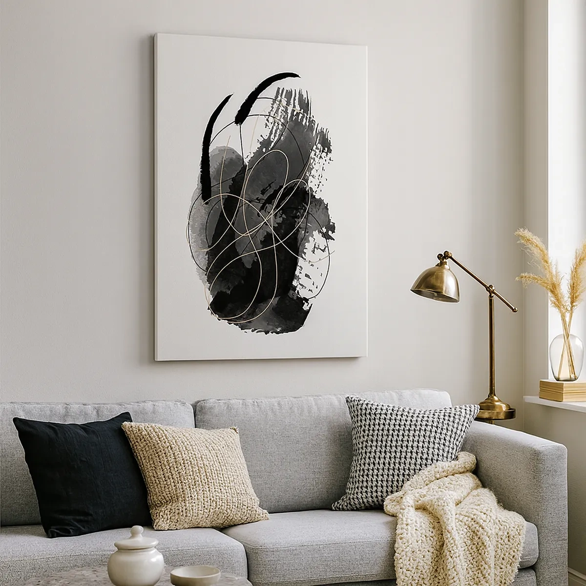 Impression sur toile - Image sur toile - Abstraction en noir et or sur fond blanc - 50x70cm - Fait de noir - Décoration murale moderne pour le salon et la chambre ARTTOR