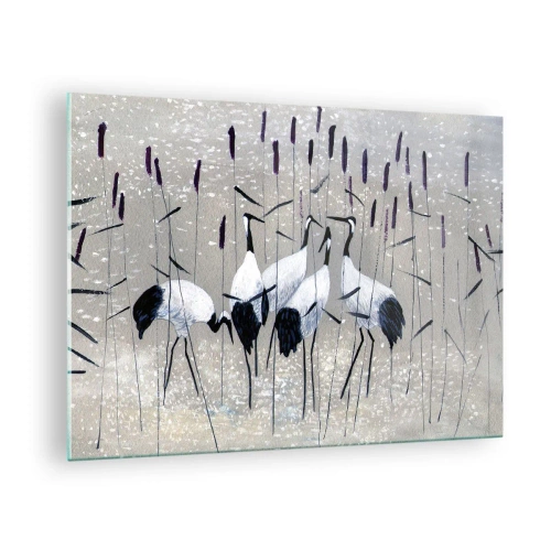 Impression sur verre - Image sur verre - Quatre grues parmi les roseaux au bord du lac - 70x50cm - Parmi les siens - Décoration murale moderne pour le salon et la chambre ARTTOR