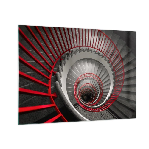 Impression sur verre - Image sur verre - Escalier en colimaçon avec rampes rouges en perspective - 70x50cm - Amusement architectural - Décoration murale moderne pour le salon et la chambre ARTTOR