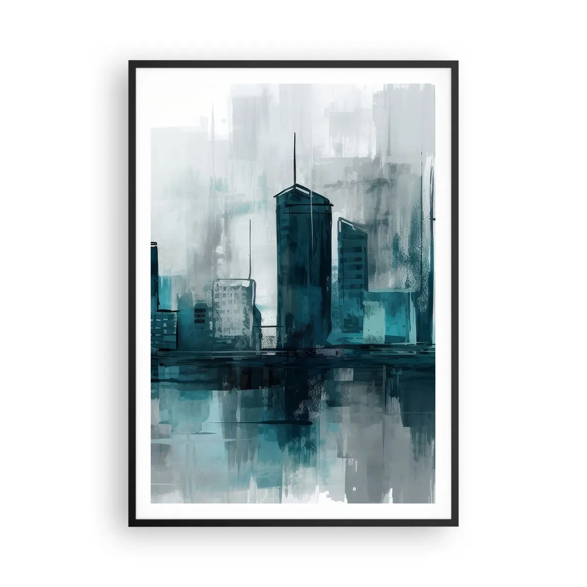 Affiche dans un cadre noir - Poster - Une ville couleur de pluie - 70x100 cm
