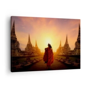 Impression sur toile - Image sur toile - Un moine parmi les temples au coucher du soleil - 70x50cm - En paix pour l'éternité - Décoration murale moderne pour le salon et la chambre ARTTOR