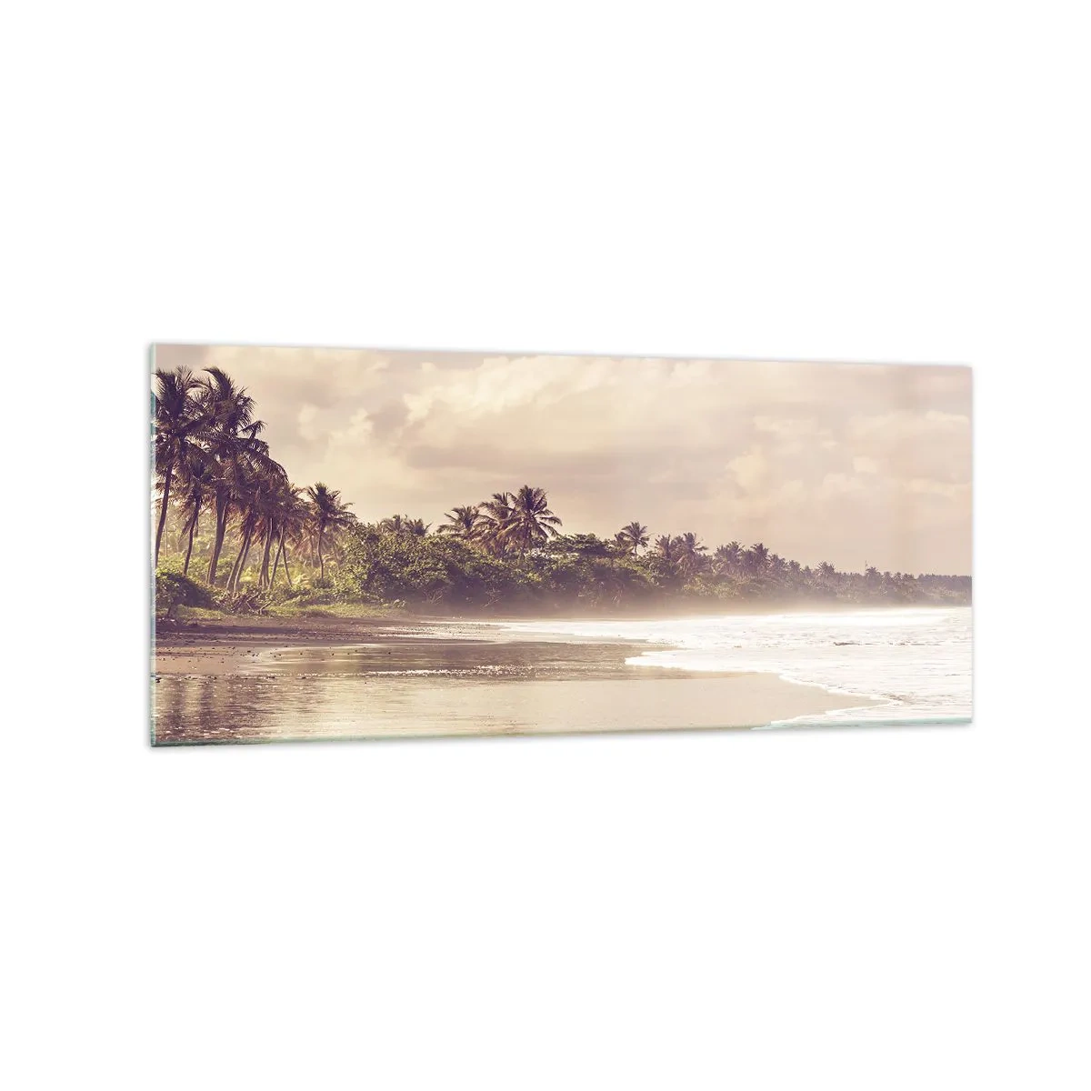 Impression sur verre - Image sur verre - Une plage avec des palmiers et des vagues douces le matin - 120x50cm - La caresse des vagues - Décoration murale moderne pour le salon et la chambre ARTTOR