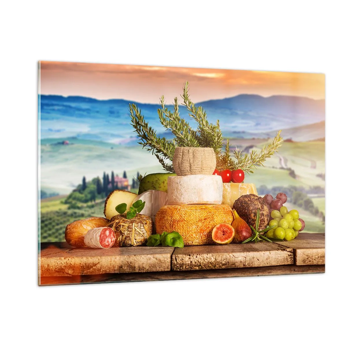 Impression sur verre - Image sur verre - Une composition de fromages et de fruits sur fond de paysage toscan - 120x80cm - La joie de vivre à l'italienne - Décoration murale moderne pour le salon et la chambre ARTTOR