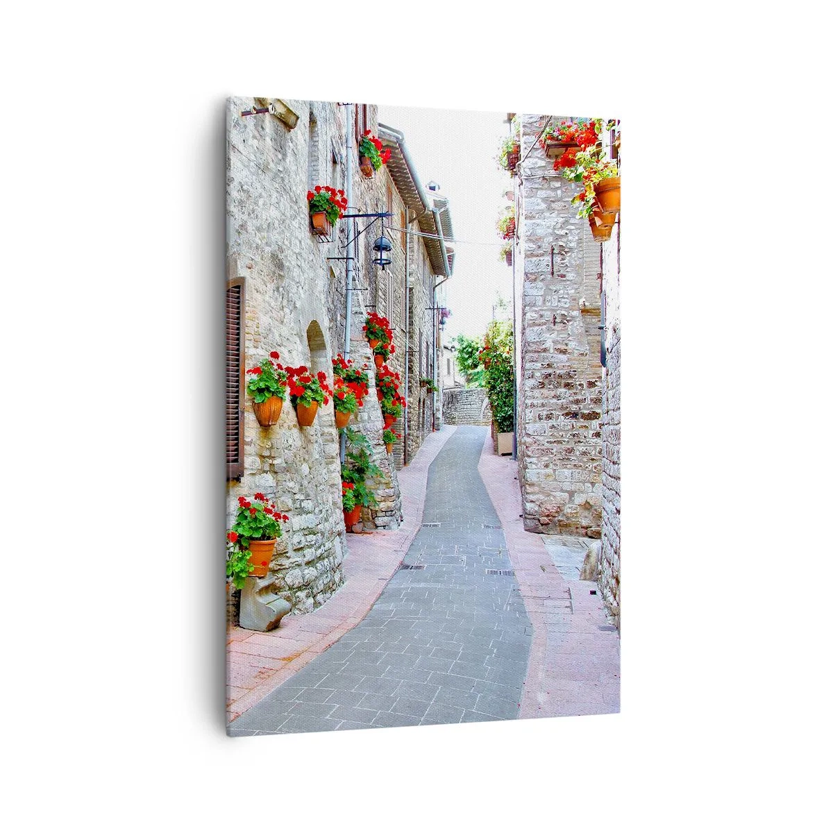Impression sur toile - Image sur toile - Une rue étroite avec des bâtiments en pierre décorés de pots de fleurs - 70x100cm - Ambiance italienne - Décoration murale moderne pour le salon et la chambre ARTTOR