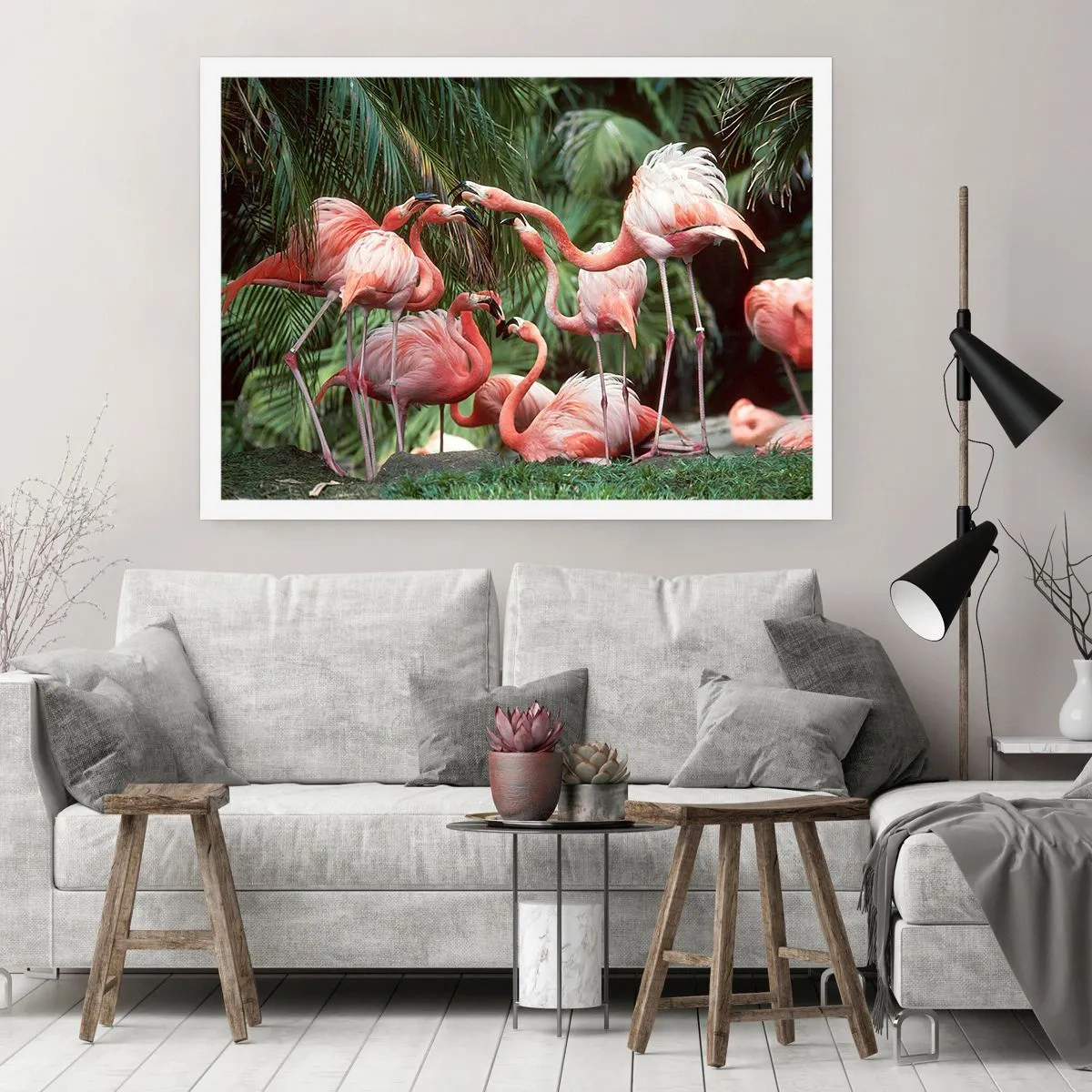 Affiche - Poster - Un groupe de flamants roses dans un cadre tropical entouré de palmiers - 100x70cm - Potins d'après-midi - Décoration murale moderne pour le salon et la chambre ARTTOR