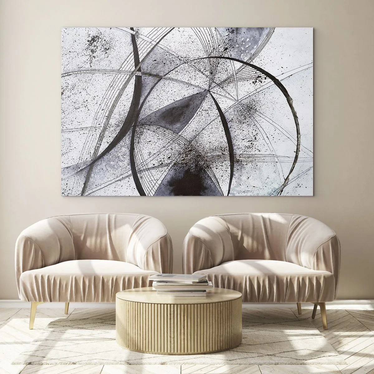 Impression sur verre - Image sur verre - Une composition en noir et blanc de lignes entrecroisées et d'arcs géométriques. - 120x80cm - Fantaisie futuriste - Décoration murale moderne pour le salon et la chambre ARTTOR