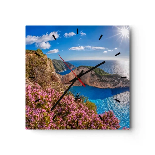 Horloge murale - Pendule murale - Une falaise fleurie, une mer turquoise et un paysage grec ensoleillé - 30x30cm - Mes super vacances grecques - Décoration murale moderne pour le salon et la chambre ARTTOR