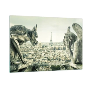 Impression sur verre - Image sur verre - Gargouilles sur Paris avec vue sur la Tour Eiffel - 120x80cm - Bavardage parisien - Décoration murale moderne pour le salon et la chambre ARTTOR
