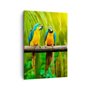Impression sur toile - Image sur toile - Trois perroquets colorés sur fond de verdure tropicale - 50x70cm - Et avez-vous entendu qu'elle ...? - Décoration murale moderne pour le salon et la chambre ARTTOR