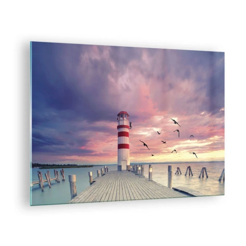 Impression sur verre - Image sur verre - Phare sur la jetée au coucher du soleil avec des oiseaux qui volent - 70x50cm - C'est l'heure d'aller au port - Décoration murale moderne pour le salon et la chambre ARTTOR