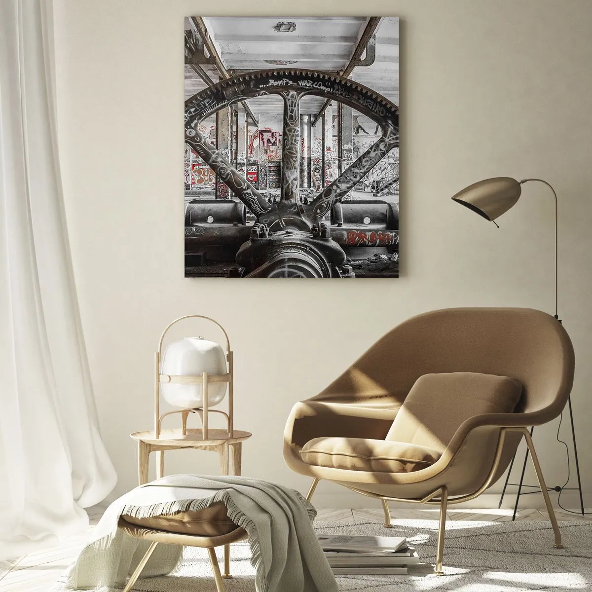 Impression sur verre - Image sur verre - Un vieux mécanisme dans un intérieur industriel abandonné - 70x100cm - Vie secrète d'une usine - Décoration murale moderne pour le salon et la chambre ARTTOR