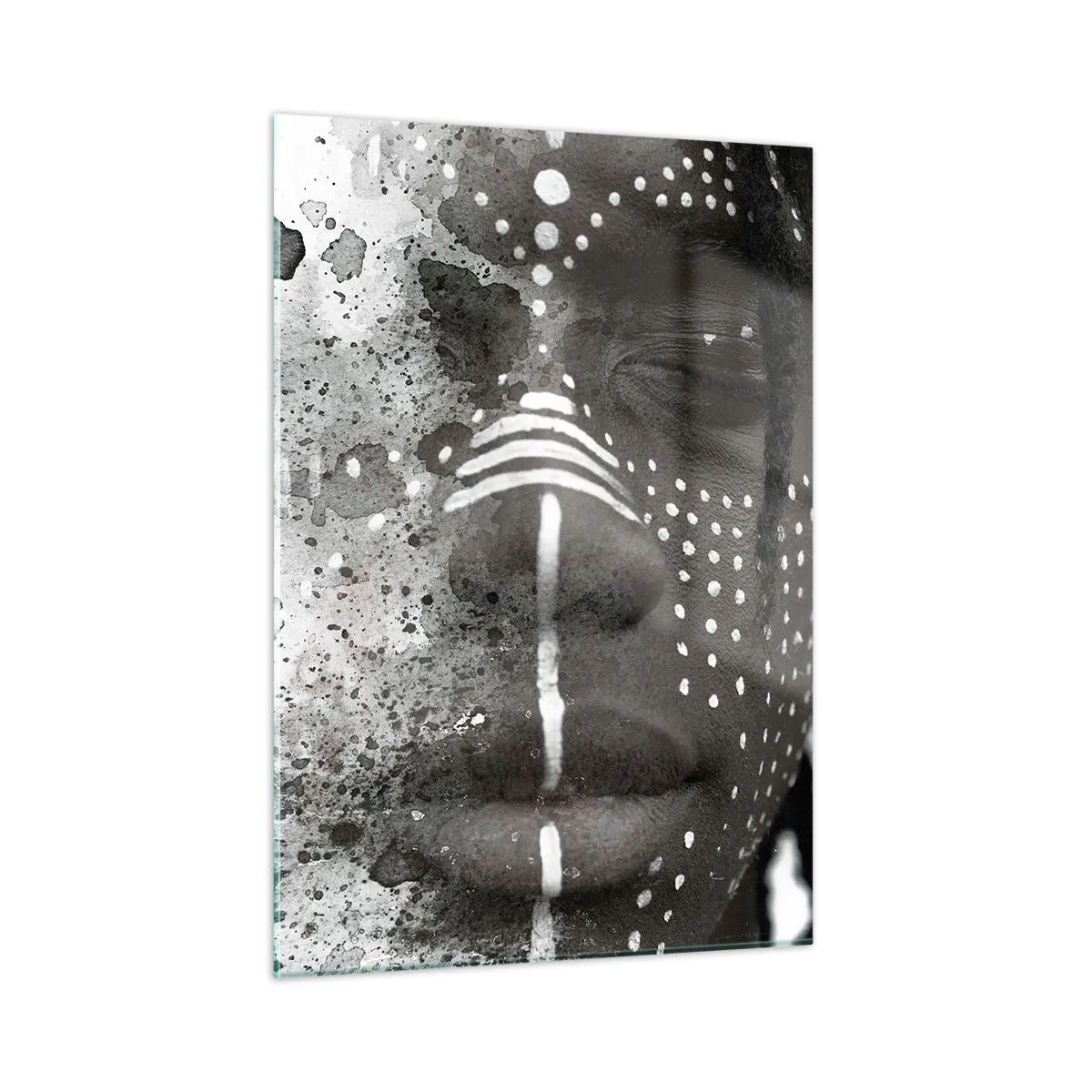 Impression sur verre - Image sur verre - Portrait aux motifs ethniques en noir et blanc avec un effet aquarelle - 50x70cm - Découvrez l'esprit primal - Décoration murale moderne pour le salon et la chambre ARTTOR