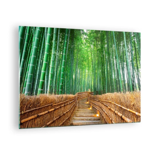 Impression sur verre - Image sur verre - Un chemin dans la forêt de bambous menant à travers les escaliers - 70x50cm - L'essence de la nature asiatique - Décoration murale moderne pour le salon et la chambre ARTTOR