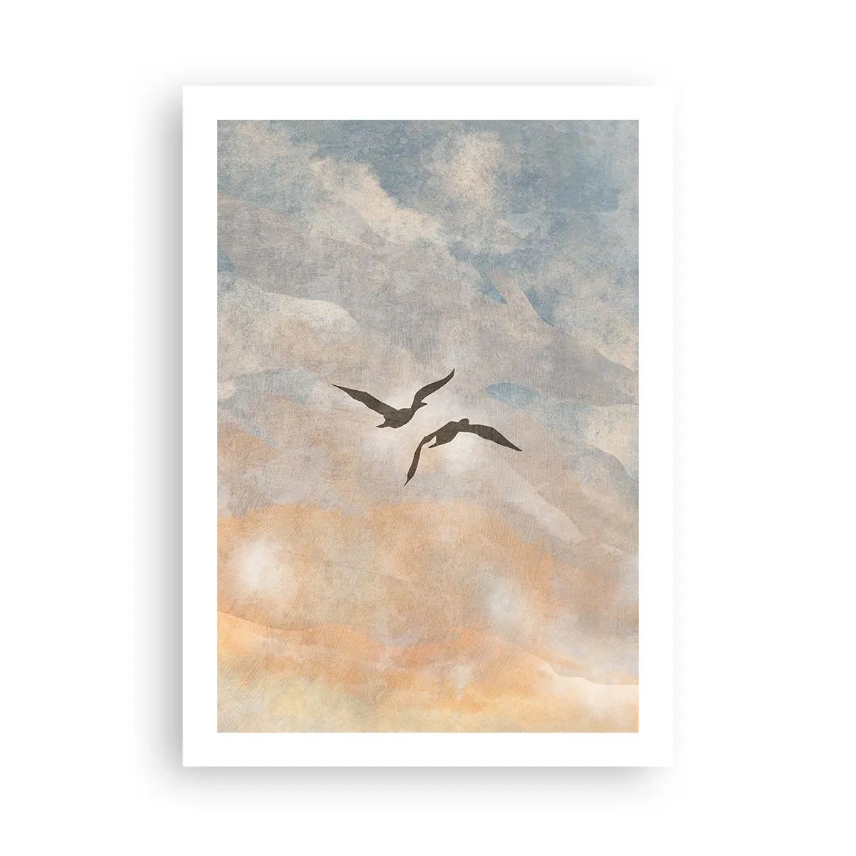 Affiche - Poster - Deux oiseaux volant dans le ciel, dans des tons délicats de bleu et d'orange. - 50x70cm - Danse du ciel - Décoration murale moderne pour le salon et la chambre ARTTOR