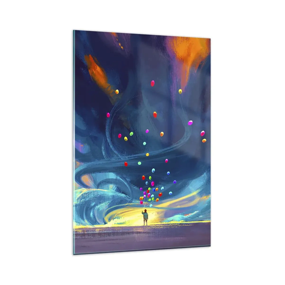 Impression sur verre - Image sur verre - Une silhouette avec des ballons sur un fond de nuages tourbillonnants et colorés - 80x120cm - Au vent bleu ciel - Décoration murale moderne pour le salon et la chambre ARTTOR