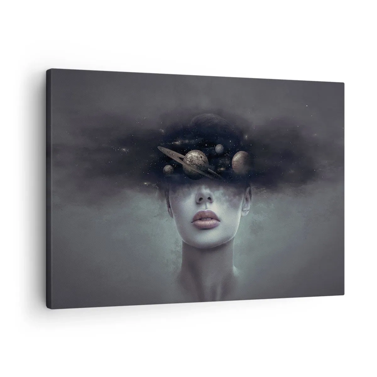 Impression sur toile - Image sur toile - Un visage de femme avec un motif de planète et d'espace en arrière-plan - 70x50cm - Et les planètes deviennent folles... - Décoration murale moderne pour le salon et la chambre ARTTOR