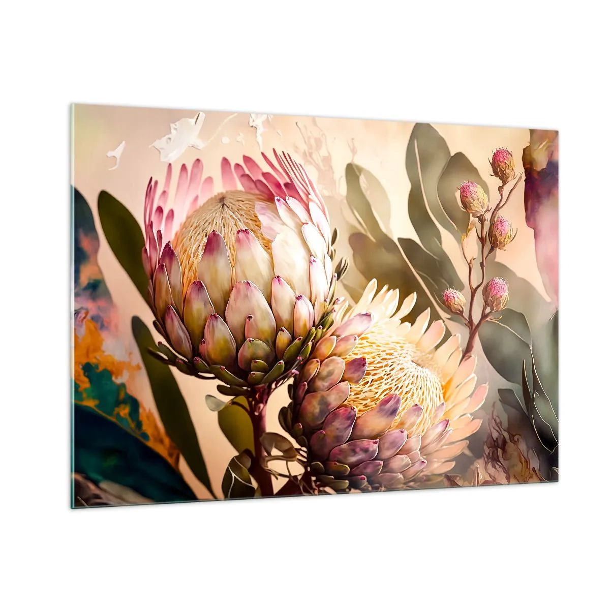Impression sur verre - Image sur verre - Fleurs de Protea aux tons chauds et à la lumière douce - 100x70cm - Tendrement embrassé - Décoration murale moderne pour le salon et la chambre ARTTOR