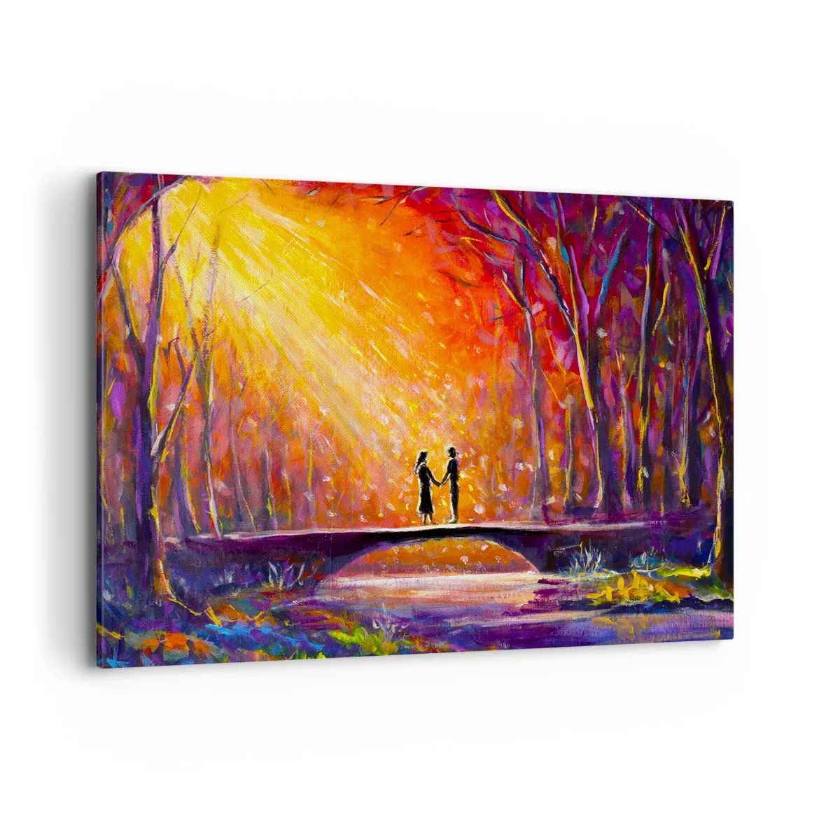 Impression sur toile - Image sur toile - Couple romantique sur un pont dans la forêt d'automne - 120x80cm - Le ciel les aime aussi - Décoration murale moderne pour le salon et la chambre ARTTOR
